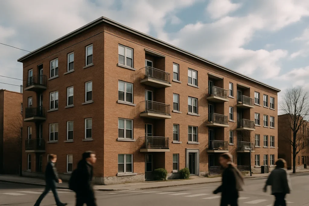 Immeuble résidentiel en brique sous un ciel partiellement nuageux