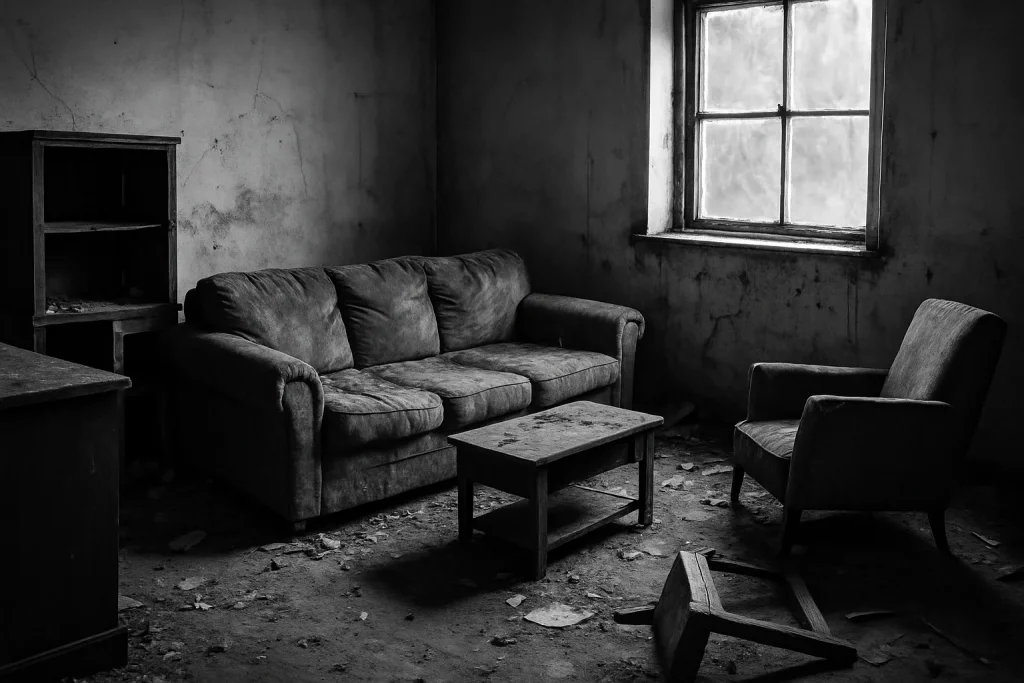 Intérieur en noir et blanc montrant des meubles abîmés avec traces de nuisibles.