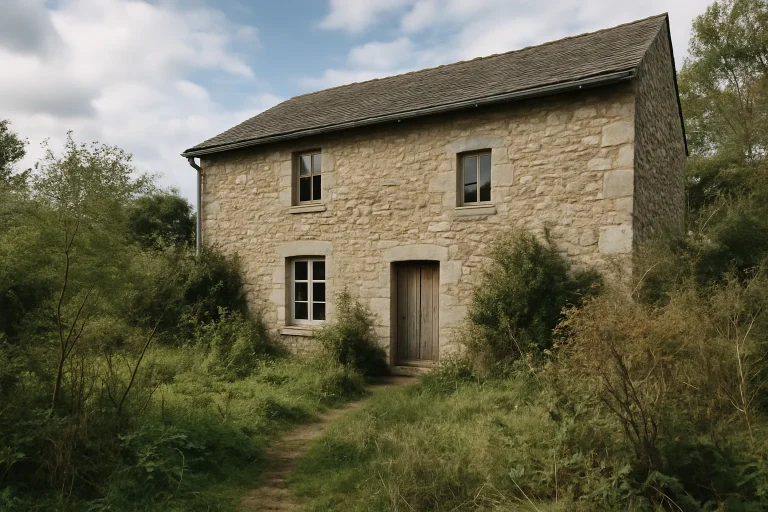 Maison en pierre avec jardin envahi, ciel nuageux, lumière du jour