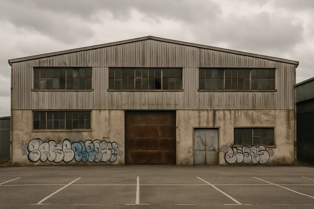 Vue extérieure d'une façade industrielle vieillie pour nettoyage extrême
