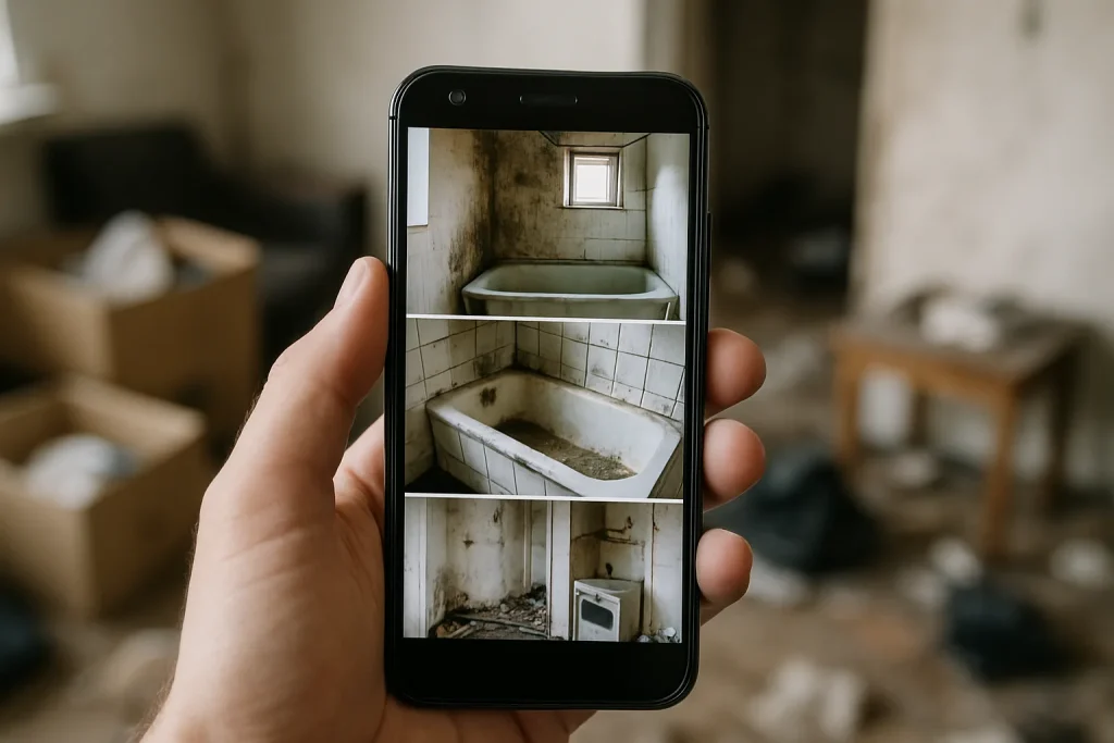 Un smartphone montrant des photos d'un logement insalubre avec des objets encombrants.
