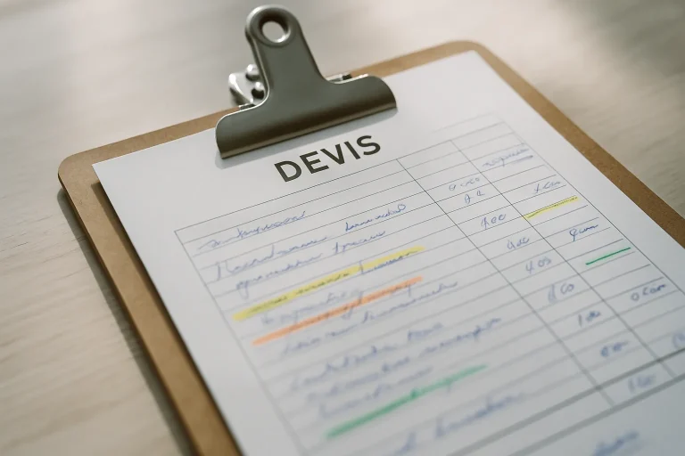 Dossier de devis de nettoyage avec annotations manuscrites et surlignages