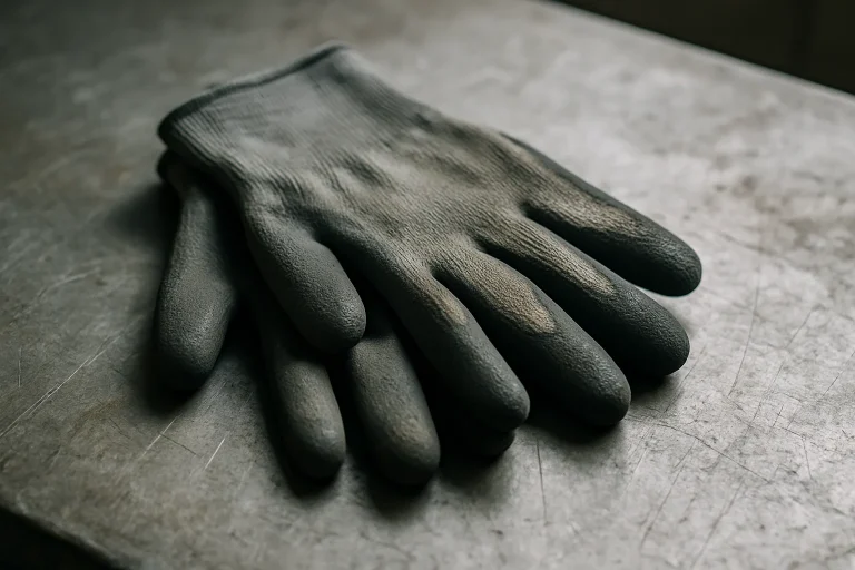 Gros plan sur des gants de protection sur une table en métal, éclairage naturel