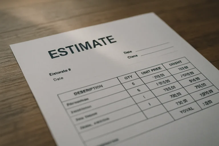 Gros plan de devis papier avec chiffres et textes, table en bois