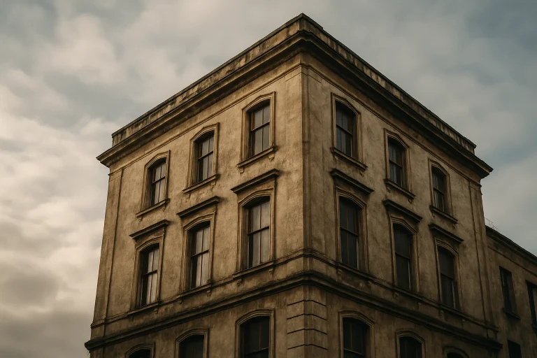 Façade d'un immeuble ancien en attente de nettoyage avant vente.