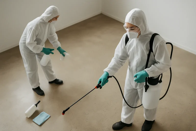Professionnels en tenue de protection désinfectant un logement vide.