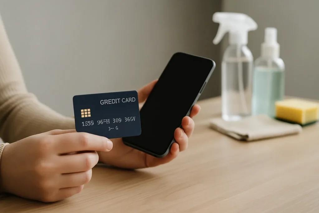 Main tenant une carte de crédit et un téléphone, outils de nettoyage en arrière-plan