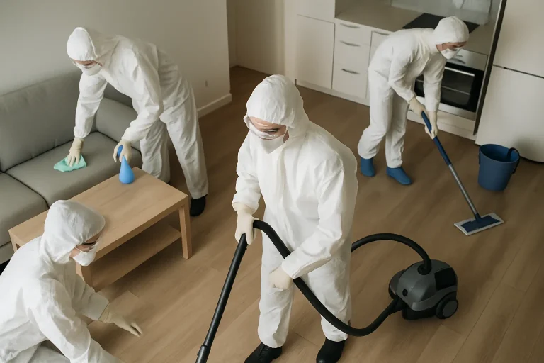 Des professionnels en combinaison nettoient un appartement après un décès.