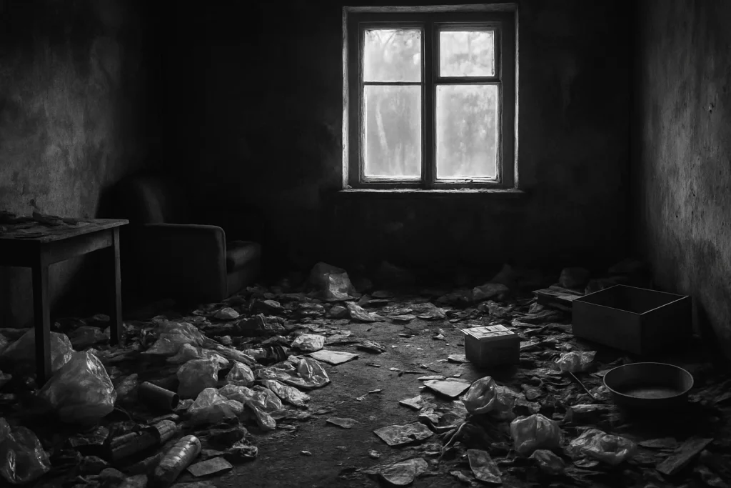 Intérieur insalubre en noir et blanc avec déchets et lumière naturelle traversant une fenêtre
