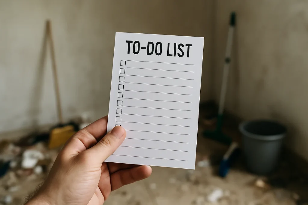 Main tenant une liste de tâches sur un chantier Diogène, outils de nettoyage en arrière-plan.