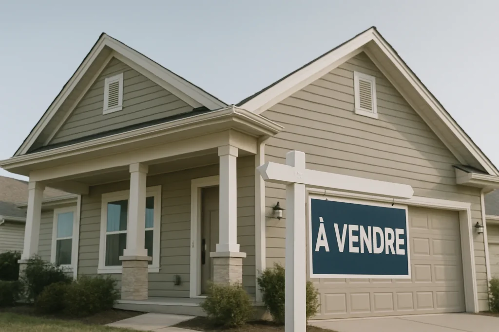 Maison avec panneau 'À vendre', ciel dégagé, prête pour vente.