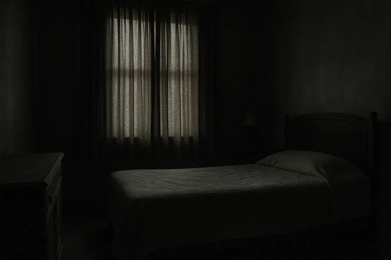 Chambre sombre avec lumière tamisée, rideaux fermés, traitement des odeurs après découverte tardive