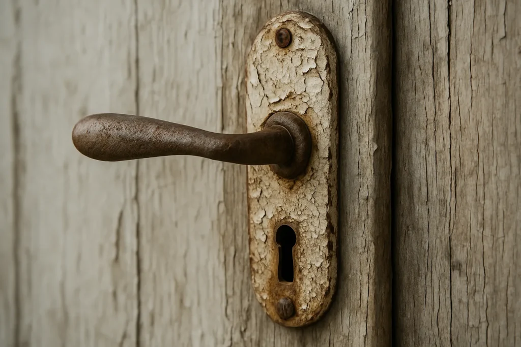 Poignée de porte endommagée avec peinture écaillée et métal rouillé.