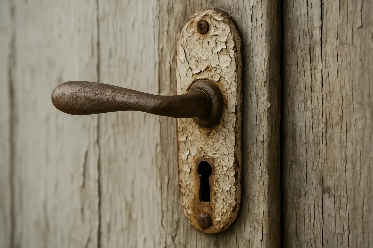 Poignée de porte endommagée avec peinture écaillée et métal rouillé.