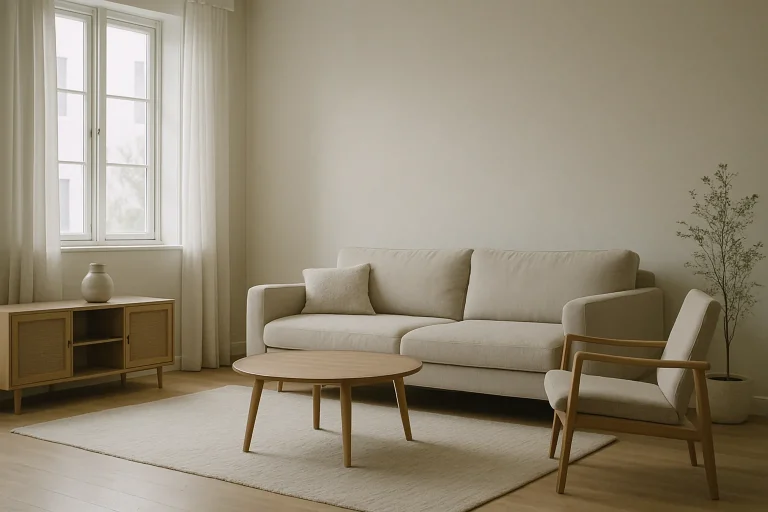 Salon vide avec lumière naturelle douce, environnement calme et minimaliste.