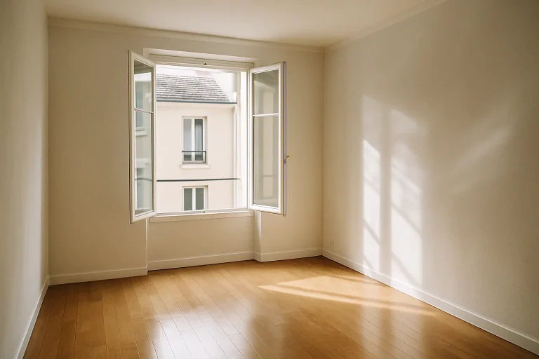 Appartement vide avec lumière douce entrant par les fenêtres après désinfection