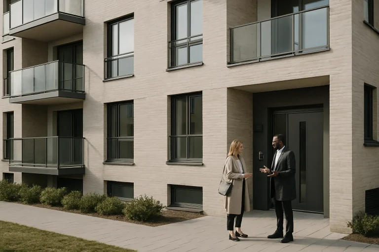 Façade d'un immeuble moderne avec des personnes discutant à l'entrée
