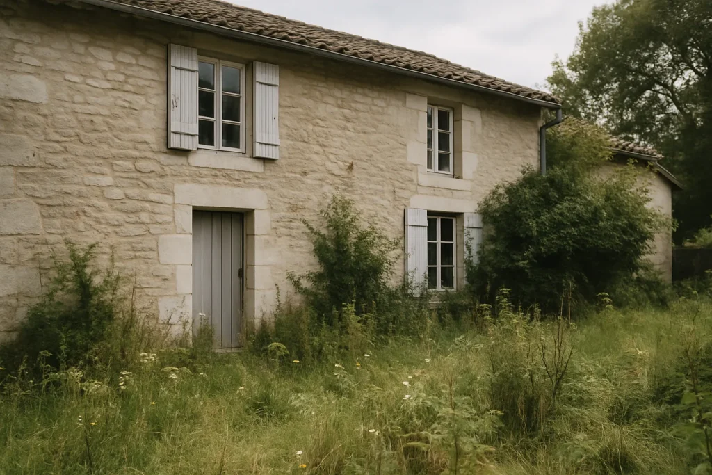 Maison ancienne avec jardin en friche, lumière naturelle, angle de côté