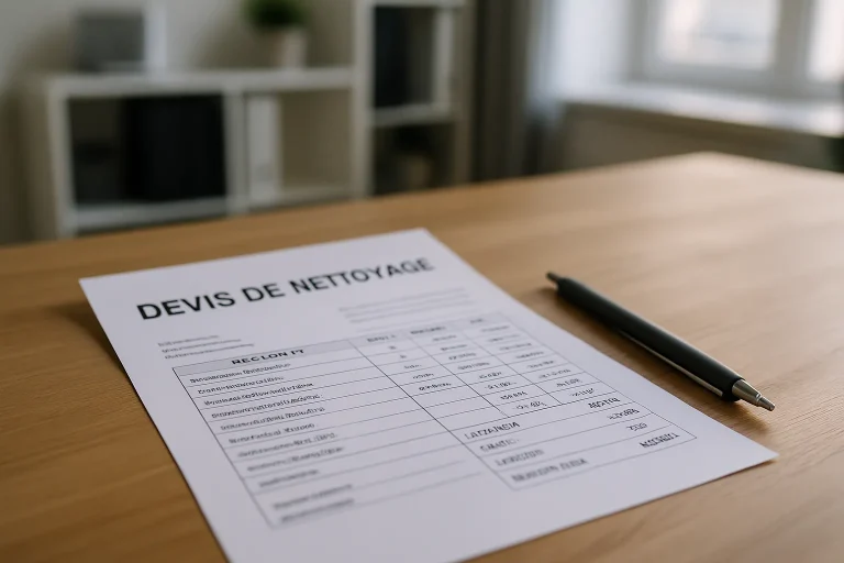 Devis de nettoyage extrême sur une table avec un stylo à côté, bureau flou en arrière-plan.