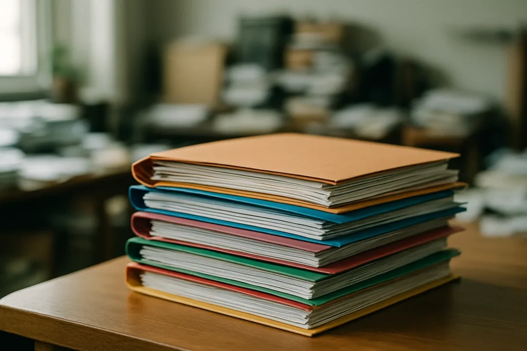 Gros plan d'une pile de dossiers colorés sur une table en bois, lumière naturelle