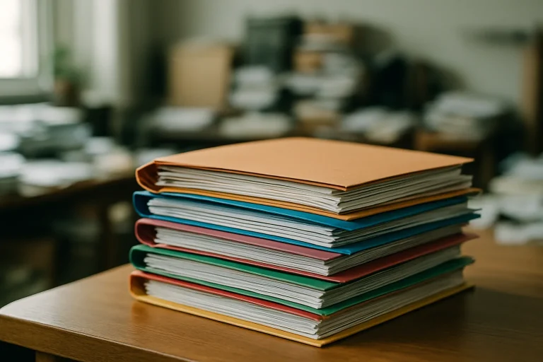 Gros plan d'une pile de dossiers colorés sur une table en bois, lumière naturelle