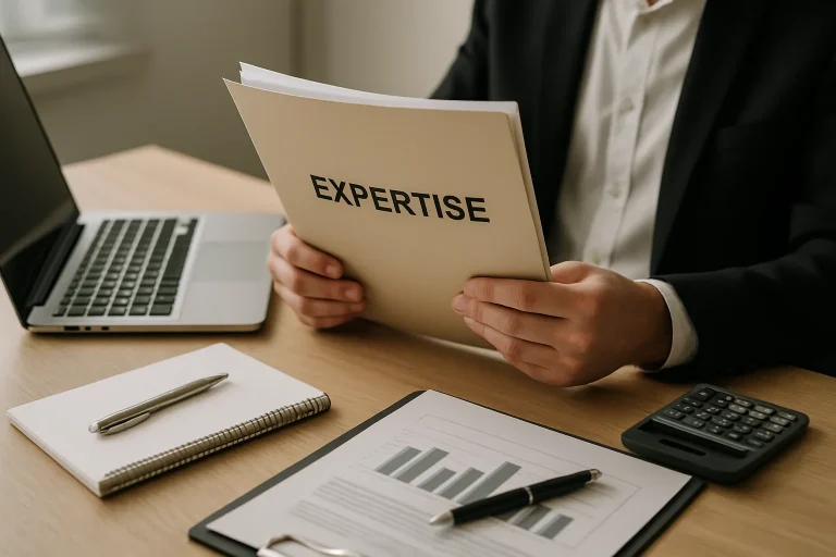 Mains consultant un dossier d'expertise sur un bureau avec outils d'évaluation