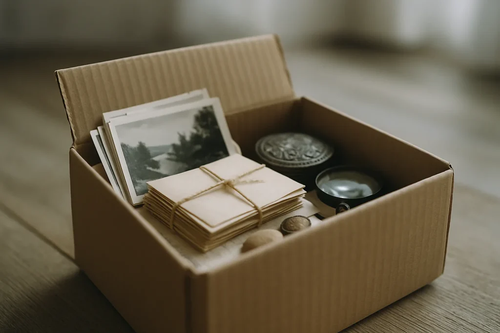 Boîte en carton avec photos anciennes, lettres et bibelots, lumière naturelle