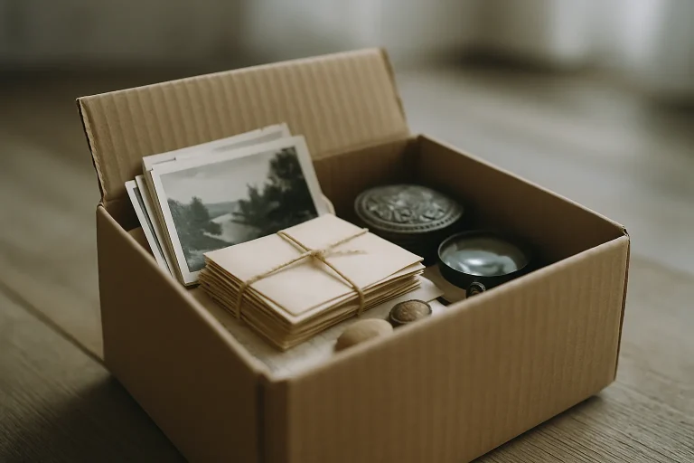 Boîte en carton avec photos anciennes, lettres et bibelots, lumière naturelle