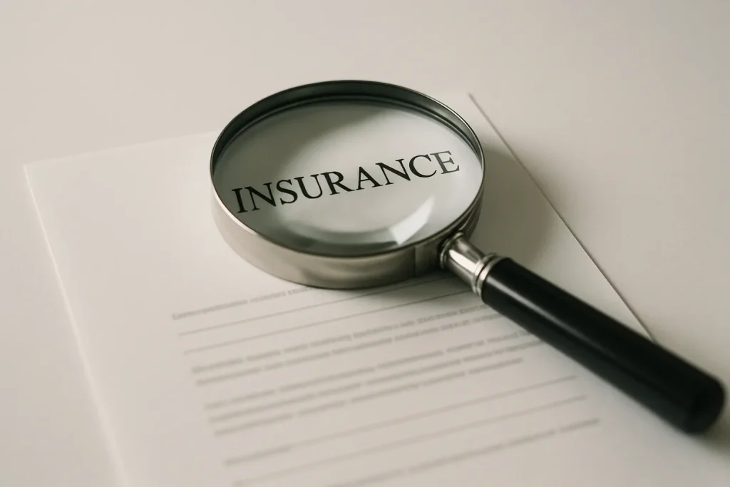 Gros plan d'une loupe sur un contrat d'assurance avec lumière douce