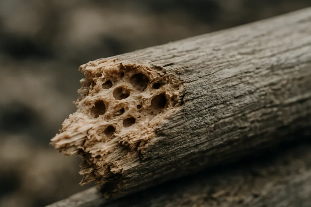 Gros plan sur du bois endommagé par des morsures de rats, texture abîmée visible.