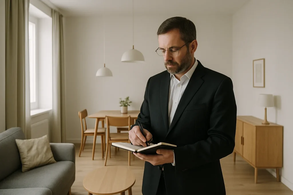 Un huissier prend des notes dans un appartement, lumière douce, mobilier simple.