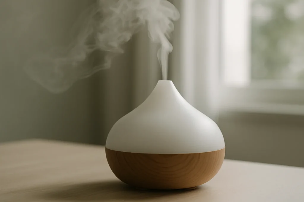 Diffuseur d'huiles essentielles fonctionnant, produisant de la vapeur dans un intérieur