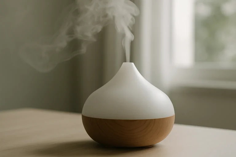 Diffuseur d'huiles essentielles fonctionnant, produisant de la vapeur dans un intérieur