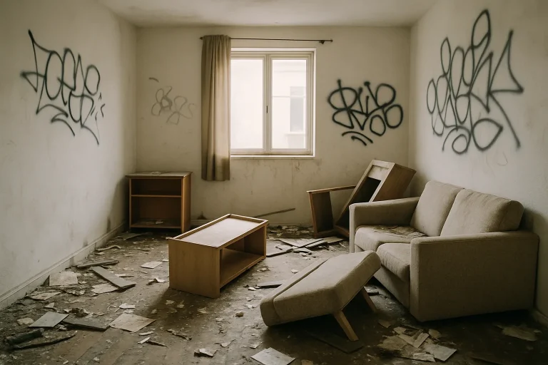 Appartement endommagé avec meubles renversés et murs tagués, lumière douce