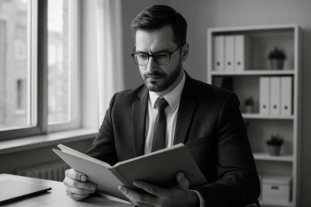 Agent d'assurance lisant un dossier dans un bureau éclairé par une fenêtre.