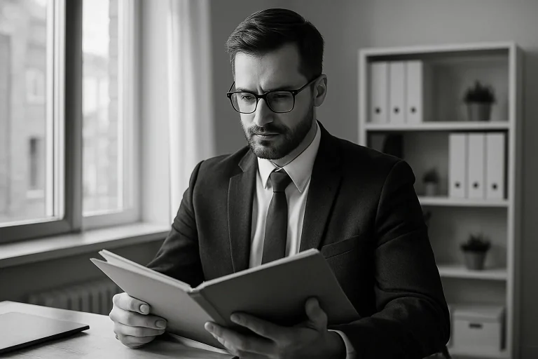 Agent d'assurance lisant un dossier dans un bureau éclairé par une fenêtre.