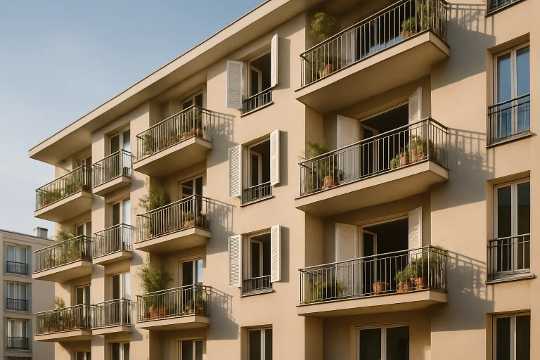 Immeuble résidentiel avec fenêtres ouvertes et balcons fleuris, lumière matinale.