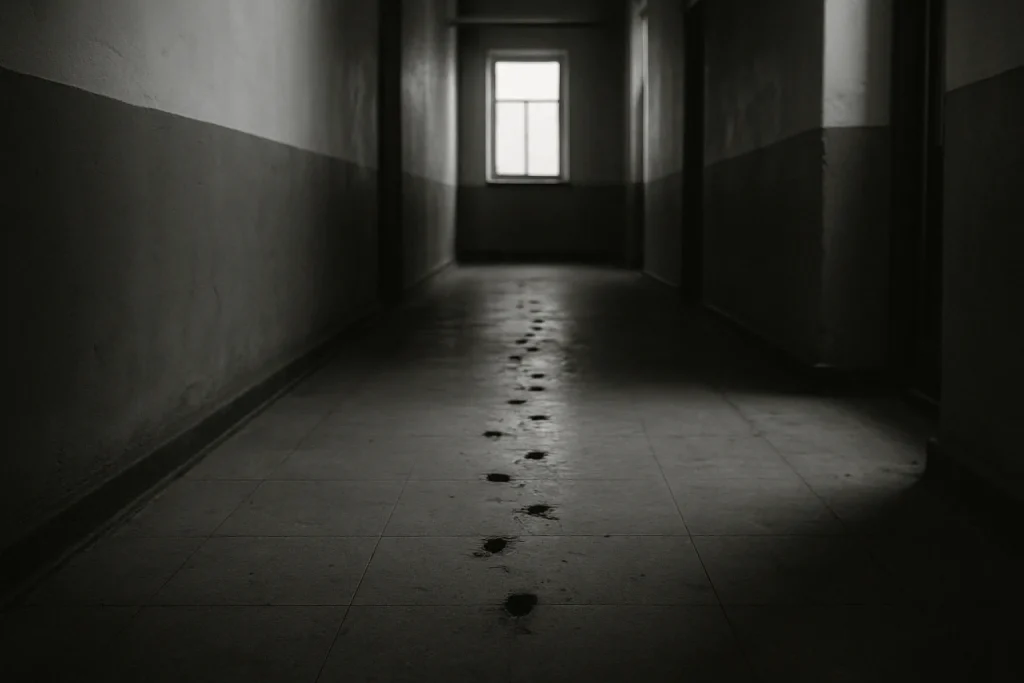 Couloir vide avec traces de rongeurs au sol, lumière tamisée, noir et blanc.
