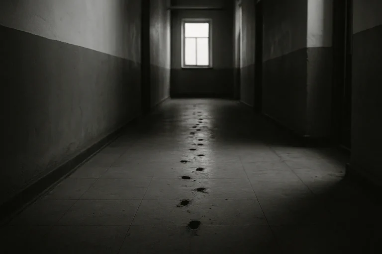 Couloir vide avec traces de rongeurs au sol, lumière tamisée, noir et blanc.