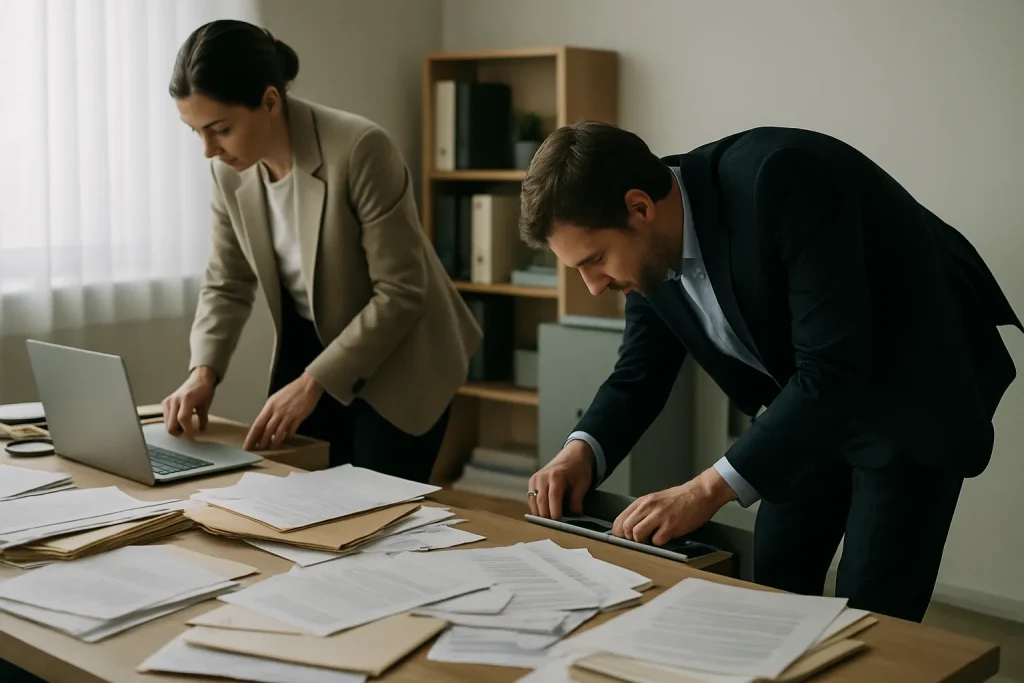 Deux personnes triant des papiers sur un bureau encombré, lumière douce