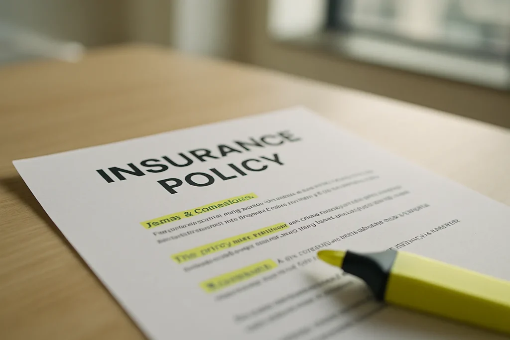 Document d'assurance avec annotations en surbrillance, bureau flou en arrière-plan.