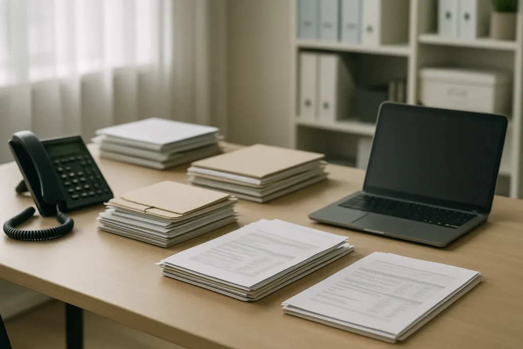 Bureau avec paperasse, téléphone et ordinateur portable pour planification à distance