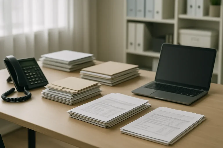 Bureau avec paperasse, téléphone et ordinateur portable pour planification à distance