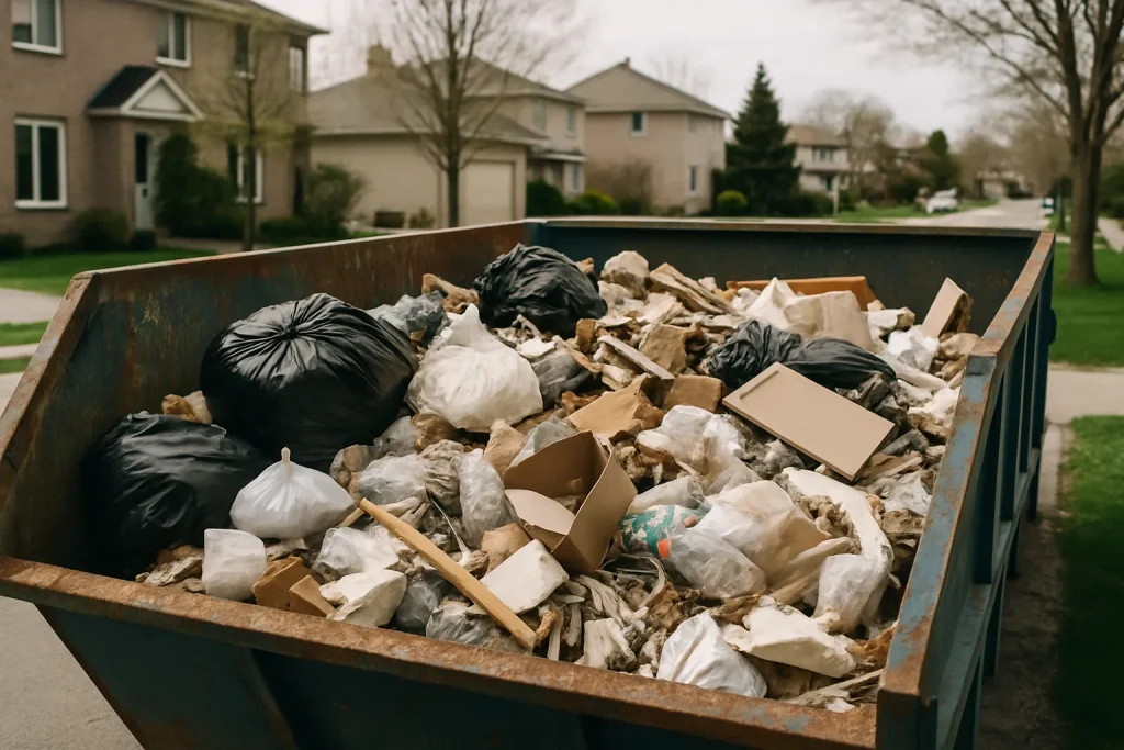 Grande benne à ordures débordante de déchets divers dans un quartier résidentiel.