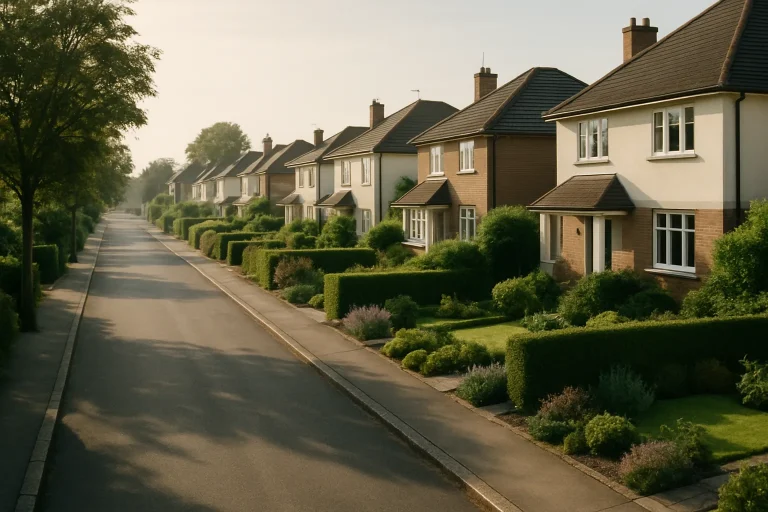 Rue résidentielle avec maisons et jardins bien entretenus sous la lumière du matin