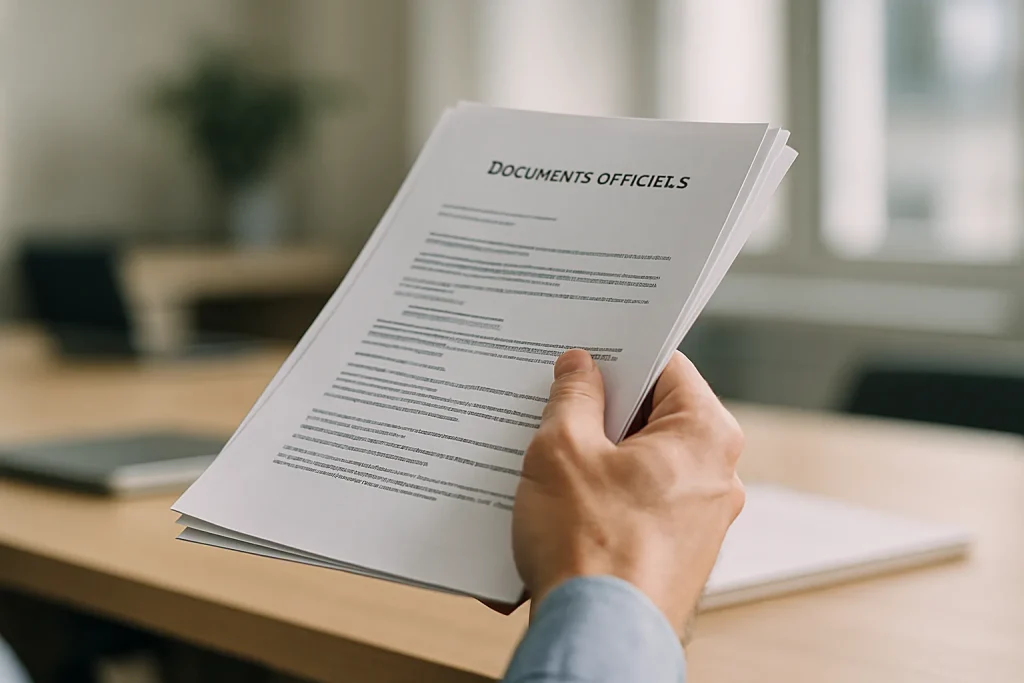 Main tenant des documents officiels sur fond flou de bureau
