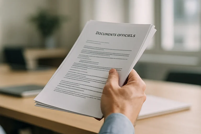 Main tenant des documents officiels sur fond flou de bureau