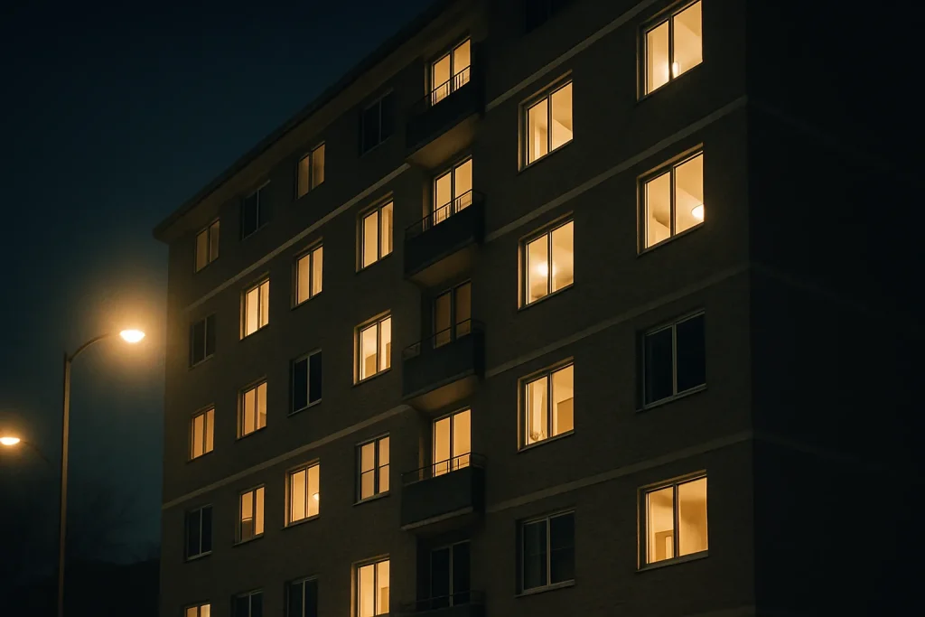 Façade d'un immeuble résidentiel de nuit, lampadaires illuminant l'entrée.
