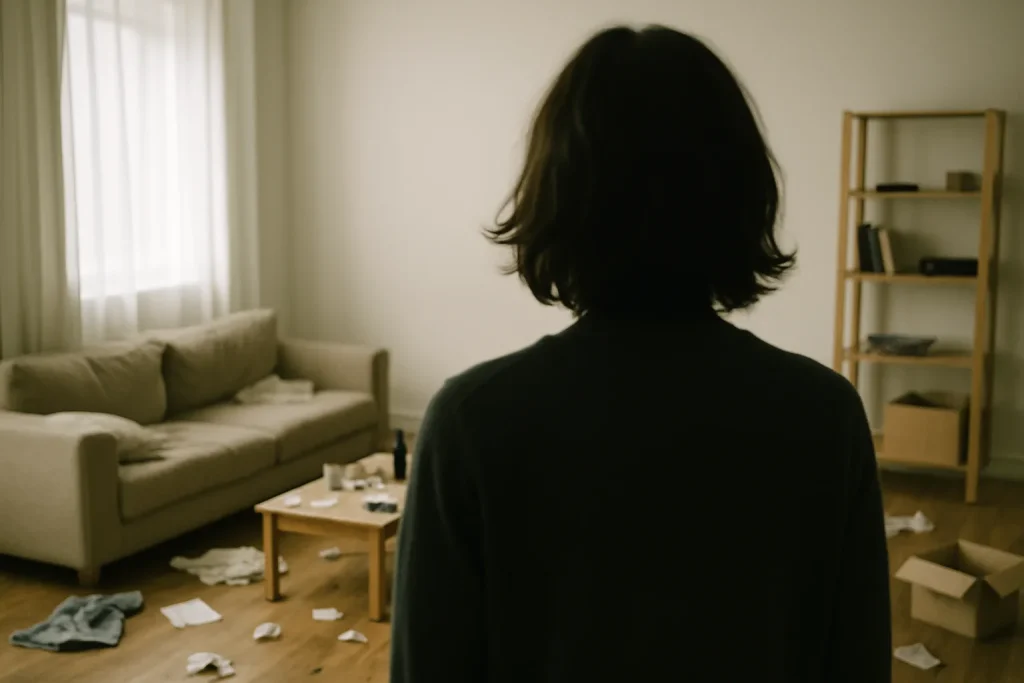 Personne de dos dans un appartement encombré, lumière douce.