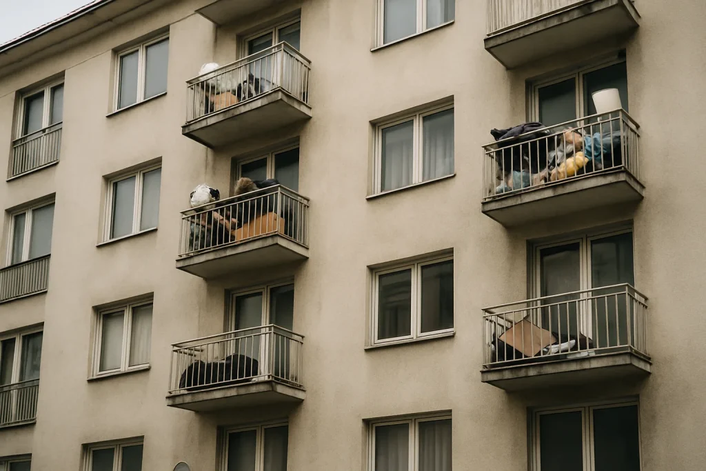 Vue d'un immeuble résidentiel avec balcons encombrés et déchets visibles.